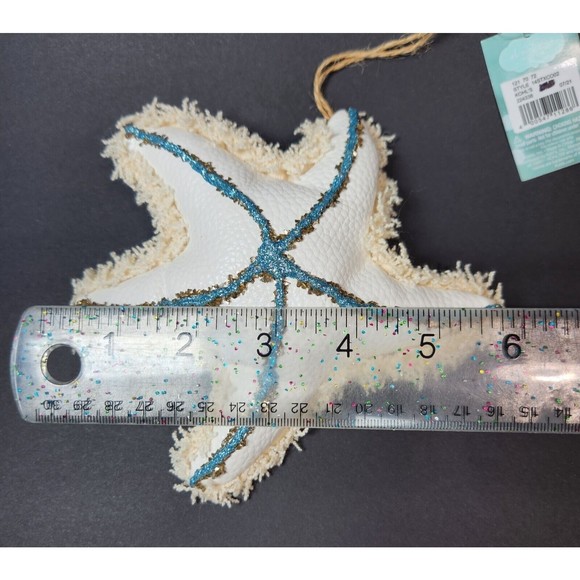 Starfish Ornament Hanging White Faux Leather Blue 6 in Ocean Theme Christmas - Picture 6 of 6